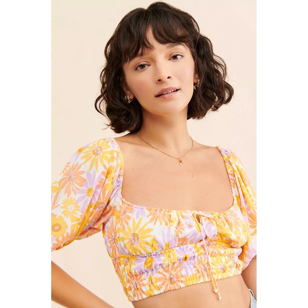 L*SPACE Floral Crop Top Small Orange Yellow Boho Puff Sleeve Smocked Retro Tie